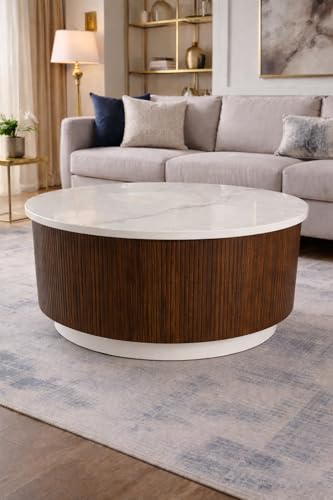 Image of WOODEN SPACE Round Marble-Top Wooden Center Table for Living Room | Modern Entryway Furniture | Coffee Table - 30X30X18 Inch (Fluted Brown)