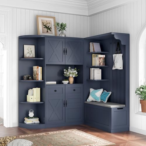 SOFTSEA Large Entryway Hall Tree with Bench, Left-Right Combination Hall Cabinet with Drawers & Storage Cabinets, Can Be Used Separately, Mudroom Cabinet with 4 Hooks, for Living Room, Antique Blue