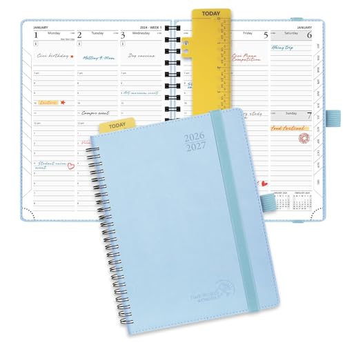 POPRUN Planner 2026-2027 (Medium - 6.5'' x 8.5'') Academic Weekly Calendar (July 2026 - June 2027) with Hourly Time Slots, Monthly Tabs, 100GSM Thick Papers, Spiral Leather Cover - Blue Blue