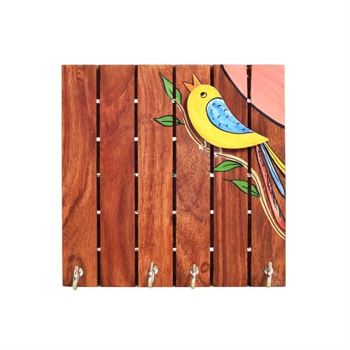 Image of Aakriti Art Creations Key Holder, Robin Hand Painted Wooden Key Holder with Bird Design | Rustic Akasia Wood Wall Organizer with 5 Hooks | Storage Shelf For Keys, Hats | Multifunctional Entryway Decor