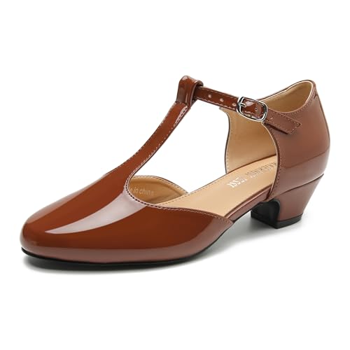 Women's T-Strap Low Chunky Heel Mary Jane Pumps Cut Out Wedding Dress Shoes Brown Patent 46 - US 11.5
