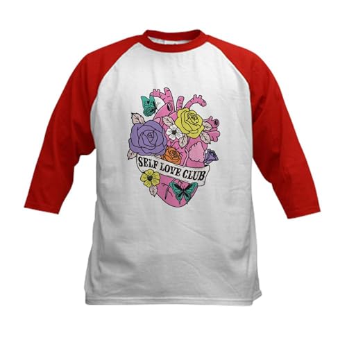CafePress Self Love Club Heart Baseball Jersey Kids Cotton Baseball Jersey, 3/4 Raglan Sleeve Shirt Red/White