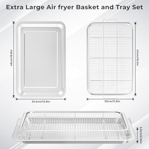 Image of Air Fryer Basket for Oven,THORSES Oven Air Fryer Basket and Tray Set | |with 30 Pcs Parchment Papers| 0.6mm Thicken Stainless Steel |XL Size Air Fryer Pan and Tray for Frying Baking|18.8 inch x 12.8 inch
