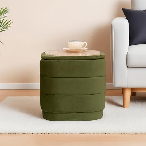 Image of 15 inch Velvet Storage Ottoman with Tray, Foldable Square Ottoman Footrest with Reversible Wood Lid, Collapsible Storage Footstool for Bedroom, Living Room, Dorm, Olive Green