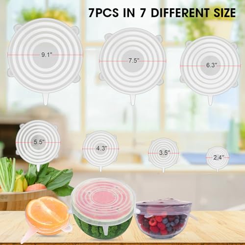 7 Pieces Silicone Stretch Lids, Reusable Premium Silicone Stretch and Seal Lids, 100% Safe Food Grade Silicone to Meet Most Container, Silicone Wraps for Food Storage, Can/Bowl Covers