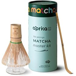 Matcha Whisk Holder Set, Bamboo Chasen with Glass Stand and Scoop, 100 Prong Tea Whisk for Japanese Green Tea Powder