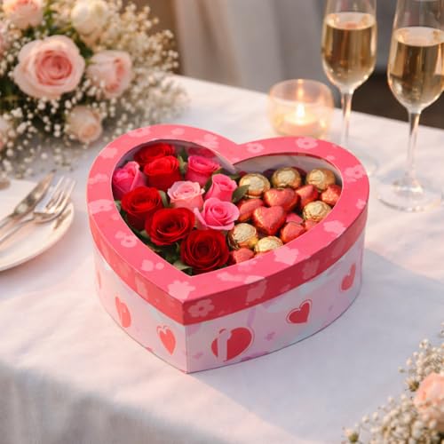 Image of Oasis Pack of 2 Heart Shaped Gift & Flower Hamper Boxes With Clear Lid | Classic Bouquet Box for Flower Arrangements & Gift Hampers | Decorative Gift Packaging Box - Pink Cupid Choice Heart