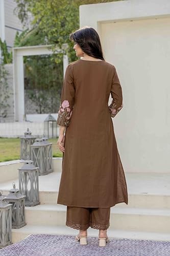 Image of Pistaa's Women Cotton Elegant Off-White Floral Embroidered Sleeves Kurta Palazzo Set