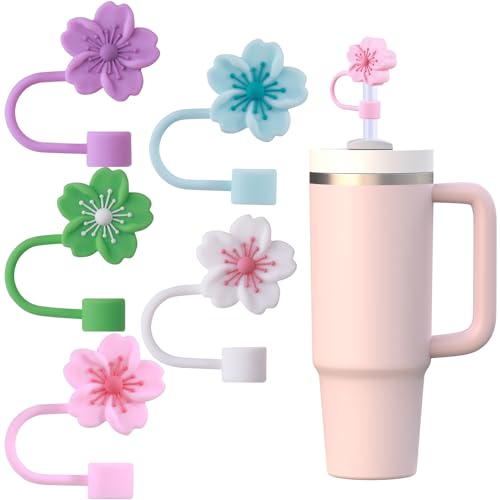 GLAMFIELDS Straw Covers Cap for Stanley Cup 30-40 oz, Toppers for Tumblers With Handle 10mm 0.4in Silicone Accessories, Dust-Proof Protectors, Cherry Blossom 5 Pack