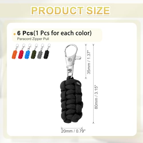 Image of YELARXI Paracord Zipper Pull Polyester Zipper Pulls Replacement Woven Rope with Metal Clasp, 80 mm Length Fit for Backpacks Clothing Luggage Accessories - Cylinder (6 Pack, 6 Color)