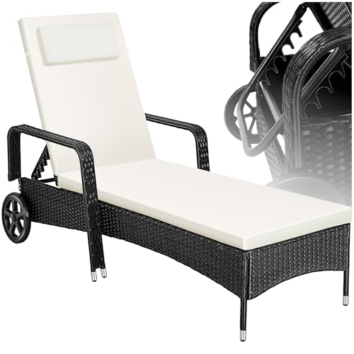 tectake® Chaise Longue Bain de Soleil en Resine Tressee Résistant Inclinable avec Roulettes Transat Salon de jardin exterieur Mobilier de Jardin Chaise...