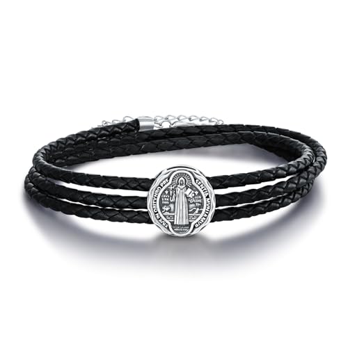 HUKKUN Pulseras de San Benito de plata de ley San Benito, medalla de San Benito, joyería católica, regalos para hombres, No es una piedra preciosa