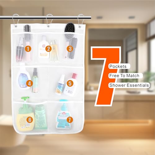 Shower Organizer, Mesh Shower Caddy, 7 Pockets With 3 Hooks, Hanging, Portable, Quick Drying, Can Store Soap, Loofah, Shampoo and Cruise Essentials, 17 Inch by 26 Inch, White, 2 Pack - Image 4