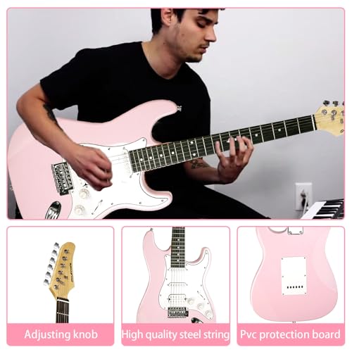 soulmate 39 inch full size electric guitar starter kit for beginners solid body hss pickups with 15w amp gig bag capo strap strings cable picks right-handedpink
