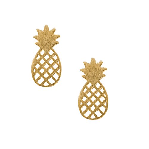 Spinningdaisy Handcrafted Brushed Metal Cute Pineapple Stud Earrings Gold