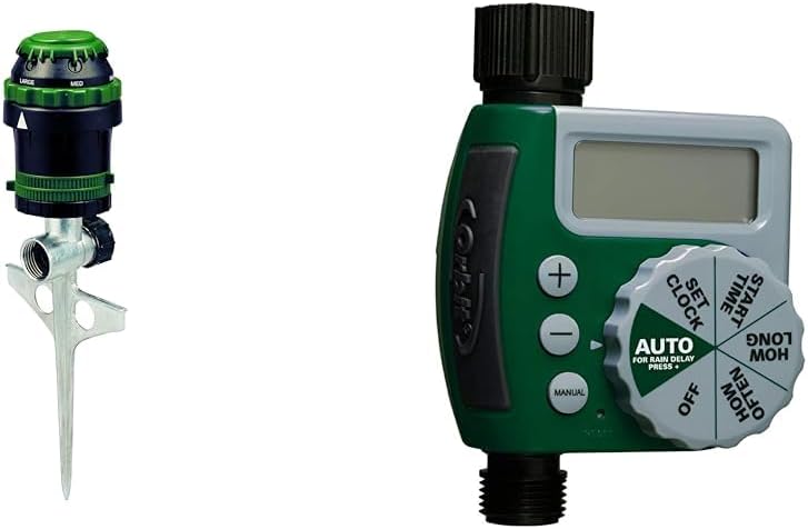 Orbit 58573N H2O-6 Gear Drive Sprinkler, Spike B 58573, Green & 62061Z Single-Outlet Hose Watering Timer, 1, Green