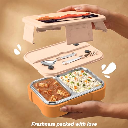 Image of MILTON Bravo 2 Inner Stainless Steel Tiffin Box for School, 2 Partition, Steam Release Plug | PU Insulated, Leak-Proof, Food Grade I Lunch Box for Kids Boys, Girls with Snap Lock Lid, 650 ml, Orange