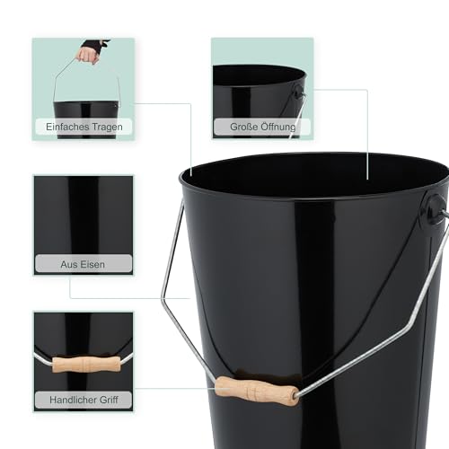 Relaxdays Kohleneimer, Volumen 14 Liter, Kohle, Pellets, Briketts, Kaminzubehör, Ascheeimer mit Henkel, schwarz/natur
