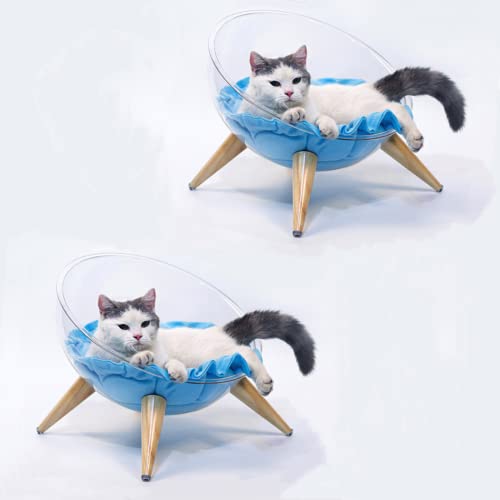 Shengocase 2-Pack Stylish Spaceship Capsule Acrylic Bubble Clear Cat Bed Couch Bowl Nest With Cushion, Wood Elevated Transparent Cat Bed #TOP18