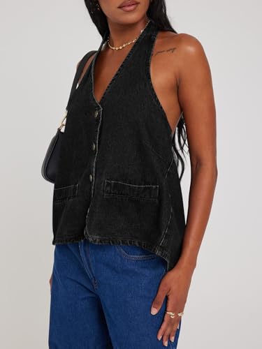 Image of Tankaneo Womens Halter Denim Vest Tops Summer Sleeveless Open Back Y2K Going Out Jean Tank Tops V Neck Button Up Waistcoat