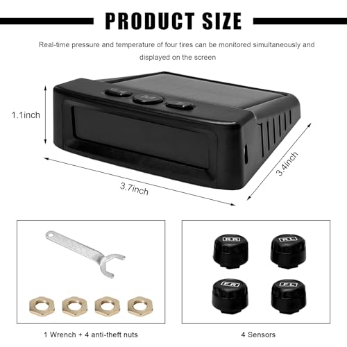 Tire Pressure Monitoring System, Tire Monitoring System with Solar & USB Charger, 4 External Sensors, 6 Alarm Modes, Auto On/Off Real-time LCD Display Tyre Pressure Monitor - Image 3