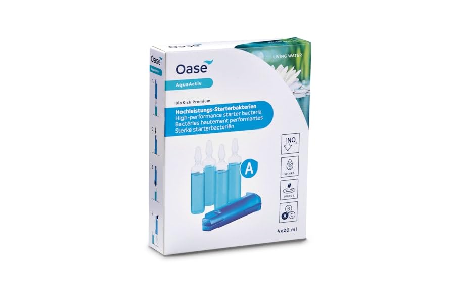 OASE 51280 AquaActiv BioKick Premium 4 x 20 ml für je 10.000 l - hochkonzentrierte Filterbakterien Starterbakterien für Teich Fischteich Gartenteich Schwimmteich, blau