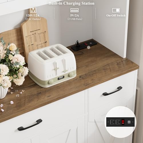 Image of HOSTACK 71 inch Large Pantry Cabinet with Charging Station, 55 inch Wide Kitchen Pantry Storage with Drawers and Power Outlet, Tall Kitchen Hutch with Countertop for Kitchen, White