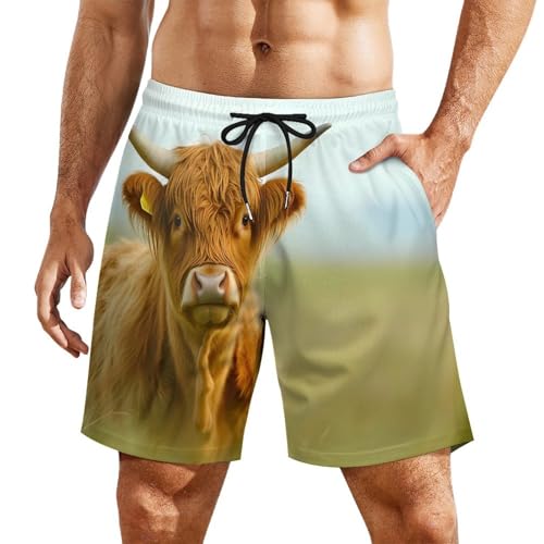 A Highland Cow Beach Shorts for Men Swim Trunks Quick Dry Swim Shorts with Compression Liner Pocket
