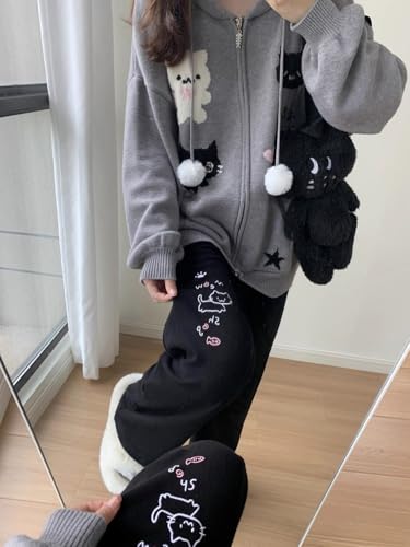 Womens Y2K Corduroy Cute Print Pants Embroidery Kawaii Cartoon Trousers High Waist Casual Sweatpants3
