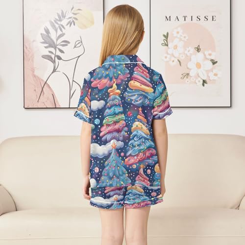 Satin Pajama Sets Short Sleeve Christmas Trees with Candy Canes Button Down Silky Nightwear 2 Piece PJS 5-14Y4