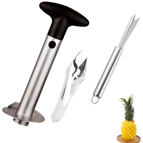 Pineapple Corer and Slicer with 3 Piece Set Fruit Cutter for Pineapple Slices Mango Cutter Slicer and Corer Apple Corer and Slicer with Round Handle and Black Bag