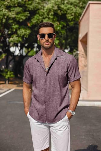 Image of COOFANDY Men's Linen Shirts Short Sleeve Casual Shirts Button Down Shirt for Men Beach Summer Wedding Shirt
