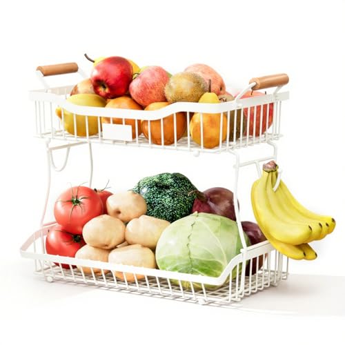 Yuhtech Cesta de frutas de 2 niveles, cuenco de frutas para cocina, cesta de frutas para encimera, estante de almacenamiento de verduras, soporte organizador de aperitivos desmontable con mango de Yuhtech Cesta de frutas de 2 niveles, cuenco de frutas para cocina, cesta de frutas para encimera, estante de almacenamiento de verduras, soporte organizador de aperitivos desmontable con mango de