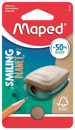 Maped - Material Escolar - Sacapuntas Smiling Planet - Tiene 1 Orificio para Afilar - Tamaño Compacto para el Estuche - Agarre Ergonómico - Fabricado con Fibra de Madera