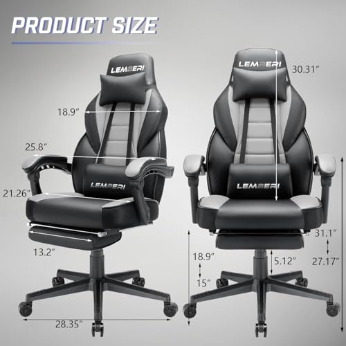Image of LEMBERI Gaming Chair with Footrest, Ergonomic Video Game Chair for Adults, Big and Tall Chair 400lb Weight Capacity, Racing Style Computer Gamer Chair with Headrest and Lumbar Support, PU Leather