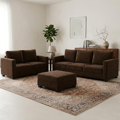 Image of FURNY Haster 3 Seater + 2 Seater Fabric Sofa Set with 1 Ottoman (Dark Brown) with Velvet Finish | Durable Comfort | Ideal for Living Room