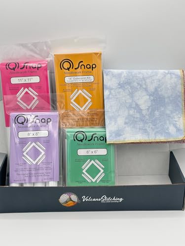 Image of VolcanoStitching Q-Snap Cross Stitch Frame Embroidery Bundle - 6x6, 8x8, 11x11 and Extension Kit Q-Snaps Set with Hand-Dyed Aida 18 Count Cross Stitch Fabric