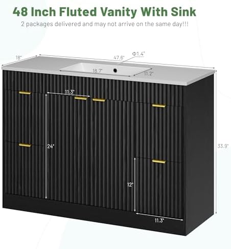 CARPETNAL 48 Inch Bathroom Vanity with Sink, Modern Fluted Bathroom Vanity with Sink with Storage Cabinet, Adjustable Shelf and 2 Soft Closing Doors & 4 Drawers, Black - 1