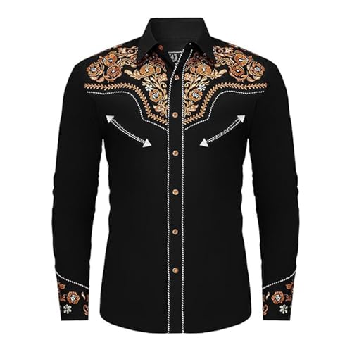Herren Cowboyhemd Western Shirts Cowboy Kostüm Reverskragen Einreiher Freizeithemd Herrenhemden Westernhemden Hemd Langarm Snap Stickerei Hemden Men's Shirt (Orange, M)