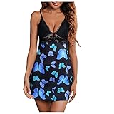 Camisón De Pijama De Mujer - Lencería Mujer Camisón De Encaje con Cuello En V Vestido De Noche Sexy Mariposa Estampado Floral Ropa De Dormir Correa De Espagueti Camisón Sin Espalda Sexy, Azul, L