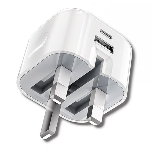 USB C and USB Plug, 38W Charging Adapter, 3 Pin UK Mains, Foldable, Travel, Super Fast Charger, for iPhone 16, 15, 14, 13, 12, 11 Pro Max, XS, XR, 8, SE, iPad, Samsung, Google Pixel, Multi-Device, PD
