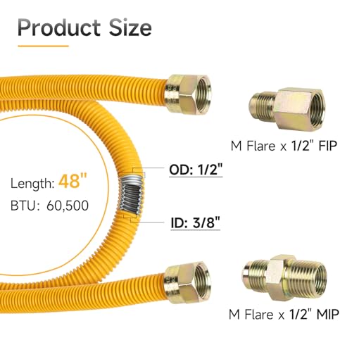 Juwo GSL1/2OD48IN 48 Inch Dryer Gas Line For Stove, Dryer, Water Heater, 1/2 Inch Od Stainless Steel Gas Dryer Connector Kit thumb #1