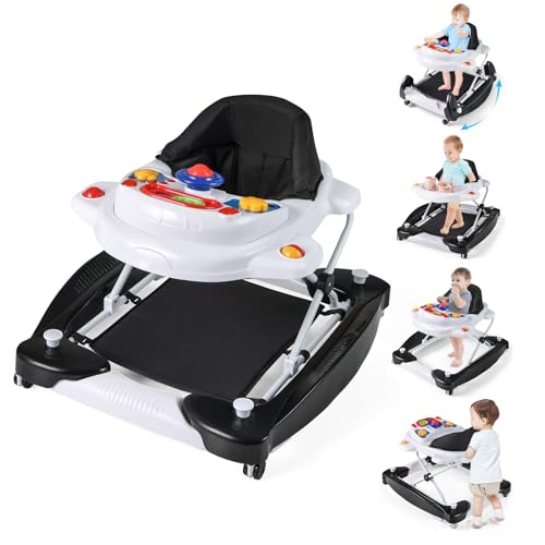 BABY JOY 6-in-1 Baby Walker, Foldable Baby Walker with Wheels, Adjustable Height, Music, Lights, Bouncer &amp; Rocker Mode, Baby Walkers for Boys Girls 6-14 Months (Black)