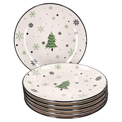 MamboCat 6er Set Weihnachtsbaum Speiseteller I 6 Personen I Teller für Weihnachten mit Tannenbäumen & Schneeflocken I Festtagsessen, Braten I Christmas I Essteller, Servierplatte flach I Steingut