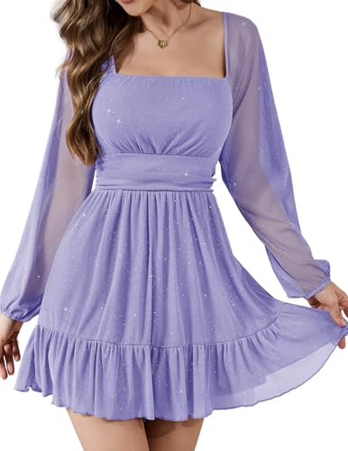 Bridesmay Women's Mesh Long Sleeve Square Neck Dresses Sparkly Flowy A-Line Fall Casual Party Short Mini Dress
