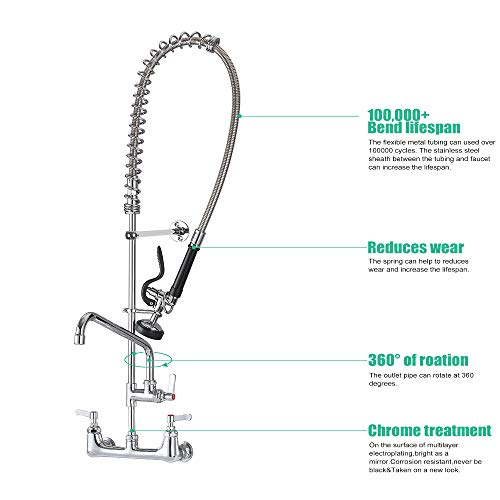 IMLEZON Commercial Sink Faucet Wall Mount Pre Rinse Faucet 8 Inches Center 43 Inches Height with 12 Inches Add on Spout
