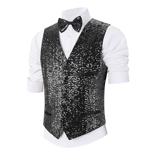 Sequin Vest Party Formal V-neck Shiny Waistcoat Bowtie Set for Wedding Events Mardi Gras St Patricks day Carnival