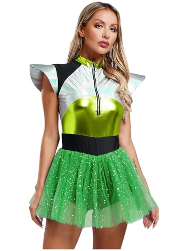 Eandarui Disfraz de Alien para mujer, vestido plateado y azul, disfraz de astronauta, metálico, brillante, vestido de chica espacial, con falda de tul, carnaval, traje de astronauta, verde, XXL