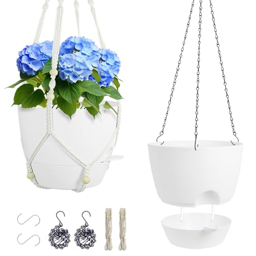 Meowell 10 inch Self Watering Hanging Planters, 2 Pack Hanging Flower Pots for Indoor Outdoor Plants, Hanging Baskets with Drainage Holes & 2 Kinds of Plant Hangers for Garden Home Decor, White