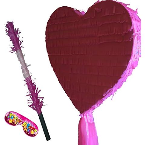 Hot Pink Heart Piñata with Stick and Blindfold Cover